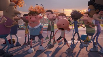 Movie still from “Diary of a Wimpy Kid” (2021), directed by Gino Nichele – A group of cartoon characters standing on a tennis court; Wide shot, High angle