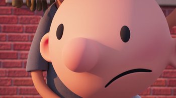 Movie still from “Diary of a Wimpy Kid” (2021), directed by Gino Nichele – View of the face of a cartoon character; Extreme Close Up shot, High angle