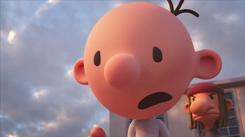 Movie still from “Diary of a Wimpy Kid” (2021), directed by Gino Nichele – An animated character with a surprised look on his face; Close Up shot, Low angle
