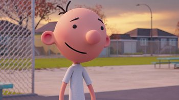 Movie still from “Diary of a Wimpy Kid” (2021), directed by Gino Nichele – A cartoon of a boy with a white shirt on; Medium shot, Low angle