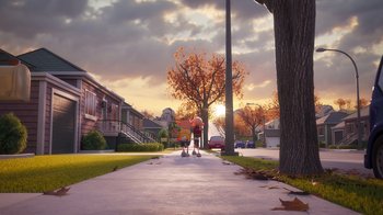 Movie still from “Diary of a Wimpy Kid” (2021), directed by Gino Nichele – A man walking down a sidewalk with a dog; Extreme Wide shot, Low angle