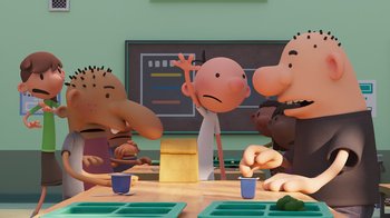 Movie still from “Diary of a Wimpy Kid” (2021), directed by Gino Nichele – A group of people sitting at a table; Medium shot, Over the shoulder angle