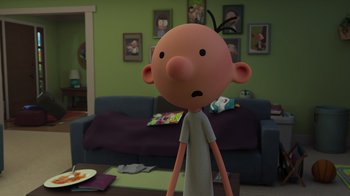 Movie still from “Diary of a Wimpy Kid: Rodrick Rules” (2022), directed by Gino Nichele – A cartoon character is standing in a living room; Medium shot, Over the shoulder angle