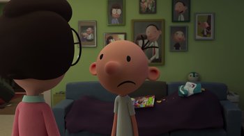 Movie still from “Diary of a Wimpy Kid: Rodrick Rules” (2022), directed by Gino Nichele – A cartoon of a person with a sad face; Medium shot, Over the shoulder angle