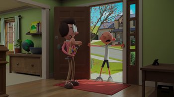 Movie still from “Diary of a Wimpy Kid: Rodrick Rules” (2022), directed by Gino Nichele – A cartoon of a man and a boy standing in front of a door; Wide shot, Over the shoulder angle