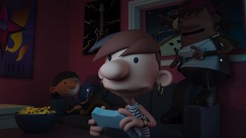 Movie still from “Diary of a Wimpy Kid: Rodrick Rules” (2022), directed by Gino Nichele – A cartoon character is holding a video game controller; Medium shot, High angle