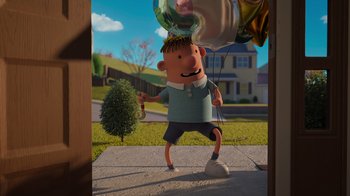 Movie still from “Diary of a Wimpy Kid: Rodrick Rules” (2022), directed by Gino Nichele – A man holding an umbrella while standing next to a balloon; Wide shot, High angle