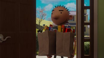 Movie still from “Diary of a Wimpy Kid: Rodrick Rules” (2022), directed by Gino Nichele – A cartoon character is holding a paper bag full of food; Medium shot, Over the shoulder angle