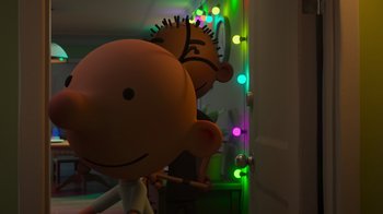 Movie still from “Diary of a Wimpy Kid: Rodrick Rules” (2022), directed by Gino Nichele – A couple of cartoon characters in front of a window; Medium shot, Over the shoulder angle