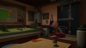 Movie still from “Diary of a Wimpy Kid: Rodrick Rules” (2022), directed by Gino Nichele – An animated scene of a room with a table and chairs; Extreme Wide shot, High angle