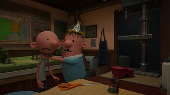 Movie still from “Diary of a Wimpy Kid: Rodrick Rules” (2022), directed by Gino Nichele – Two cartoon characters in a room , one of which has a party hat on; Medium shot, Over the shoulder angle