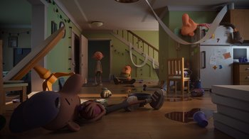 Movie still from “Diary of a Wimpy Kid: Rodrick Rules” (2022), directed by Gino Nichele – A room filled with lots of stuffed animals and toys; Wide shot, High angle