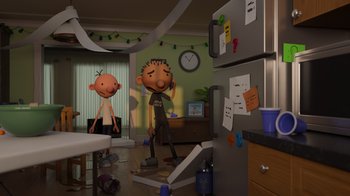 Movie still from “Diary of a Wimpy Kid: Rodrick Rules” (2022), directed by Gino Nichele – Two cartoon characters in a messy room with a refrigerator; Wide shot, High angle