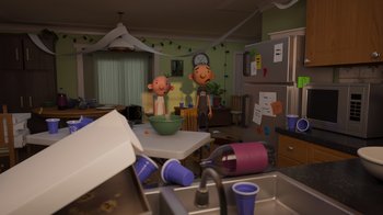Movie still from “Diary of a Wimpy Kid: Rodrick Rules” (2022), directed by Gino Nichele – Two cartoon characters in a kitchen with a sink; Wide shot, High angle