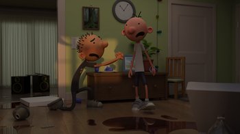 Movie still from “Diary of a Wimpy Kid: Rodrick Rules” (2022), directed by Gino Nichele – Two cartoon characters in a room with a puddle of water; Wide shot, High angle