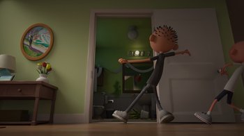 Movie still from “Diary of a Wimpy Kid: Rodrick Rules” (2022), directed by Gino Nichele – A cartoon character walking in front of a bathroom door; Wide shot, High angle