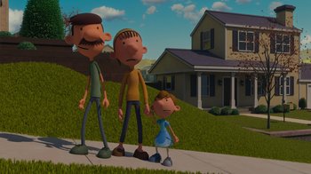 Movie still from “Diary of a Wimpy Kid: Rodrick Rules” (2022), directed by Gino Nichele – Three cartoon characters standing on a sidewalk near a house; Wide shot, Low angle