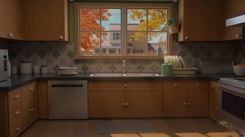 Movie still from “Diary of a Wimpy Kid: Rodrick Rules” (2022), directed by Gino Nichele – A kitchen with a sink , dishwasher , and a window; Extreme Wide shot, High angle