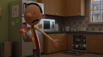 Movie still from “Diary of a Wimpy Kid: Rodrick Rules” (2022), directed by Gino Nichele – A man holding a baby in his arms in a kitchen; Medium shot, Over the shoulder angle