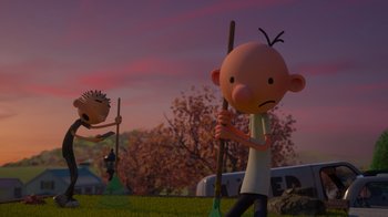 Movie still from “Diary of a Wimpy Kid: Rodrick Rules” (2022), directed by Gino Nichele – A scene of a cartoon character with a stick in his hand; Wide shot, Low angle