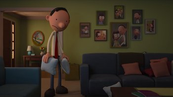 Movie still from “Diary of a Wimpy Kid: Rodrick Rules” (2022), directed by Gino Nichele – A cartoon character is standing in a living room; Medium shot, Over the shoulder angle