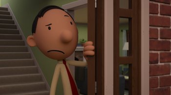 Movie still from “Diary of a Wimpy Kid: Rodrick Rules” (2022), directed by Gino Nichele – A cartoon of a man standing in front of an open door; Medium shot, Over the shoulder angle