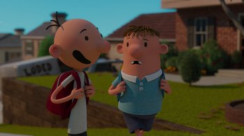 Movie still from “Diary of a Wimpy Kid: Rodrick Rules” (2022), directed by Gino Nichele – Two cartoon characters one of which is wearing a backpack and one of which is wearing a blue shirt; Medium shot, Over the shoulder angle