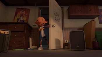 Movie still from “Diary of a Wimpy Kid: Rodrick Rules” (2022), directed by Gino Nichele – A cartoon of a person standing in front of a door; Wide shot, High angle