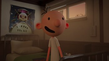 Movie still from “Diary of a Wimpy Kid: Rodrick Rules” (2022), directed by Gino Nichele – A cartoon character is standing in a room; Medium shot, Low angle