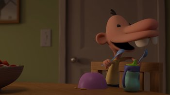 Movie still from “Diary of a Wimpy Kid: Rodrick Rules” (2022), directed by Gino Nichele – A cartoon character brushing his teeth on a table; Medium shot, Over the shoulder angle