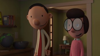 Movie still from “Diary of a Wimpy Kid: Rodrick Rules” (2022), directed by Gino Nichele – Two cartoon characters are standing in a living room; Medium shot, Over the shoulder angle