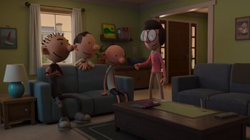 Movie still from “Diary of a Wimpy Kid: Rodrick Rules” (2022), directed by Gino Nichele – A group of people in a living room with furniture; Wide shot, Over the shoulder angle