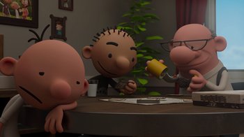Movie still from “Diary of a Wimpy Kid: Rodrick Rules” (2022), directed by Gino Nichele – A group of people sitting at a table with a cup; Medium shot, Over the shoulder angle