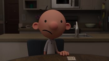 Movie still from “Diary of a Wimpy Kid: Rodrick Rules” (2022), directed by Gino Nichele – A 3 d image of a cartoon character sitting at a table; Medium shot, High angle