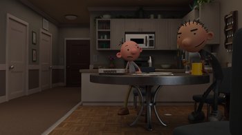 Movie still from “Diary of a Wimpy Kid: Rodrick Rules” (2022), directed by Gino Nichele – A cartoon character sitting at a table in a kitchen; Wide shot, Over the shoulder angle