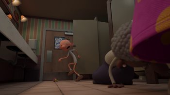 Movie still from “Diary of a Wimpy Kid: Rodrick Rules” (2022), directed by Gino Nichele – An animated scene of a person and a monster in a room; Extreme Wide shot, High angle