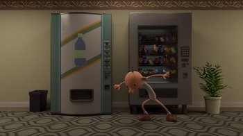 Movie still from “Diary of a Wimpy Kid: Rodrick Rules” (2022), directed by Gino Nichele – An animated character in front of a vending machine; Wide shot, High angle