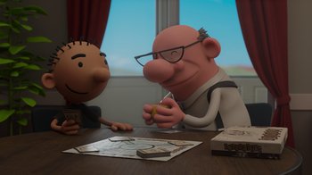 Movie still from “Diary of a Wimpy Kid: Rodrick Rules” (2022), directed by Gino Nichele – Two cartoon characters sitting at a wooden table; Medium shot, Over the shoulder angle