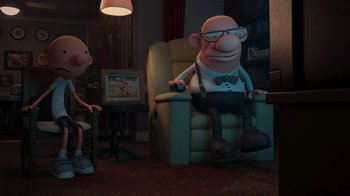 Movie still from “Diary of a Wimpy Kid: Rodrick Rules” (2022), directed by Gino Nichele – An animated character sitting in a living room chair; Wide shot, High angle