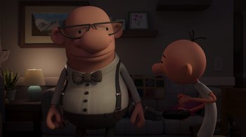 Movie still from “Diary of a Wimpy Kid: Rodrick Rules” (2022), directed by Gino Nichele – An animated picture of a man and a boy; Medium shot, Over the shoulder angle