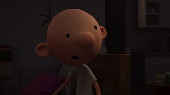 Movie still from “Diary of a Wimpy Kid: Rodrick Rules” (2022), directed by Gino Nichele – A cartoon of a boy in a white t - shirt; Close Up shot, Over the shoulder angle