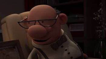 Movie still from “Diary of a Wimpy Kid: Rodrick Rules” (2022), directed by Gino Nichele – An animated character wearing glasses and a white coat; Close Up shot, Low angle