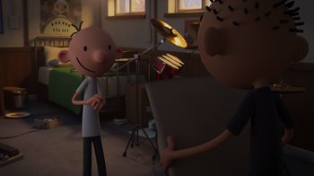 Movie still from “Diary of a Wimpy Kid: Rodrick Rules” (2022), directed by Gino Nichele – Two cartoon characters in a room with a microphone; Wide shot, Over the shoulder angle