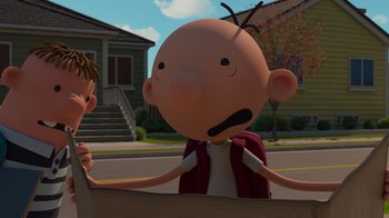 Movie still from “Diary of a Wimpy Kid: Rodrick Rules” (2022), directed by Gino Nichele – A cartoon of a boy talking to a cartoon of a man; Medium shot, Over the shoulder angle