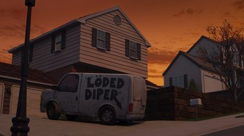 Movie still from “Diary of a Wimpy Kid: Rodrick Rules” (2022), directed by Gino Nichele – A van parked in front of a house with the words loded diper written on it; Extreme Wide shot, Low angle