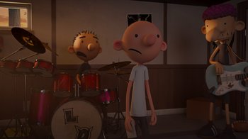 Movie still from “Diary of a Wimpy Kid: Rodrick Rules” (2022), directed by Gino Nichele – Two cartoon characters are standing next to each other in a room; Medium shot, Over the shoulder angle