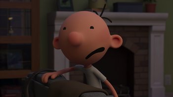 Movie still from “Diary of a Wimpy Kid: Rodrick Rules” (2022), directed by Gino Nichele – A cartoon character with a sad look on his face; Close Up shot, Low angle