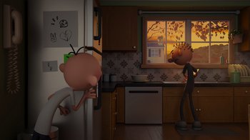 Movie still from “Diary of a Wimpy Kid: Rodrick Rules” (2022), directed by Gino Nichele – Two cartoon characters in a kitchen looking at each other; Wide shot, Over the shoulder angle