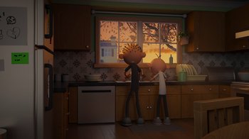 Movie still from “Diary of a Wimpy Kid: Rodrick Rules” (2022), directed by Gino Nichele – A couple of people that are in a kitchen; Wide shot, High angle
