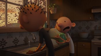 Movie still from “Diary of a Wimpy Kid: Rodrick Rules” (2022), directed by Gino Nichele – Two cartoon characters in a kitchen with a sink; Medium shot, High angle